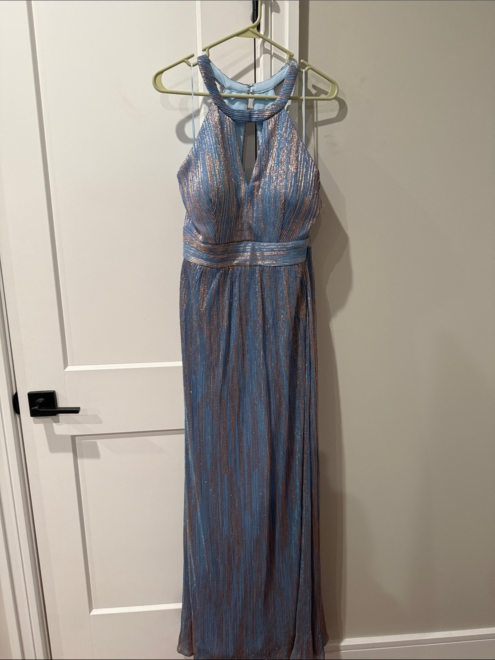Night Way Collections Shimmering Blue and Gold Halter Maxi Dress